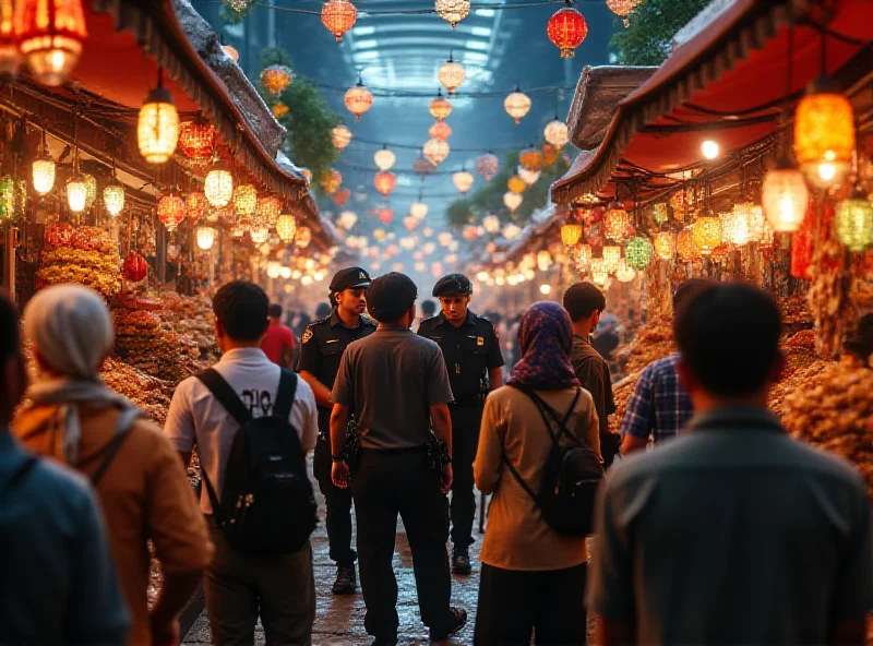 A bustling Ramadan bazaar scene in Kuala Lumpur, showing food stalls, crowds, and DBKL officers in the background.