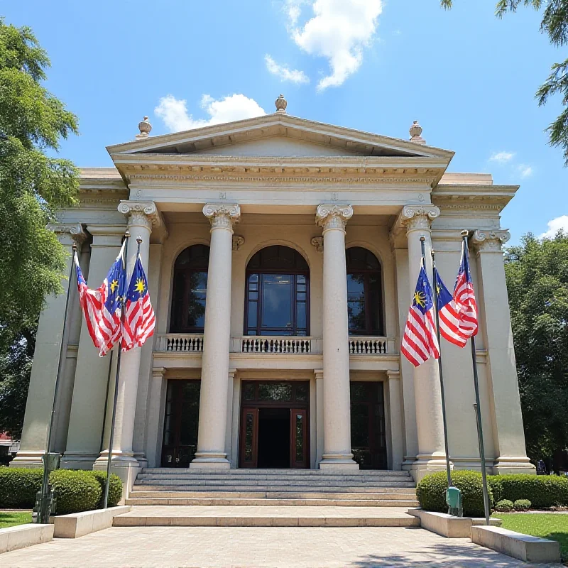 A courthouse exterior with Malaysian flags flying.
