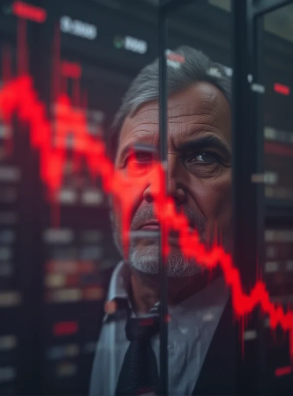 Stock market chart displaying a downward trend with concerned investors in the background.