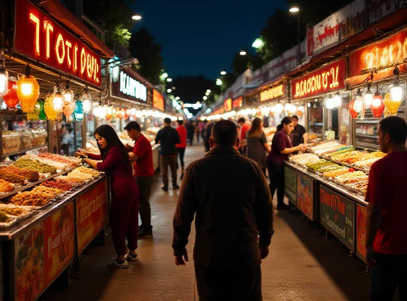 A vibrant Ramadan bazaar with various food stalls and happy shoppers.