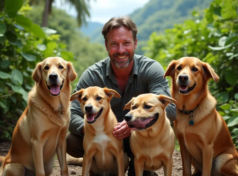 Niall Harbison surrounded by rescued dogs in Thailand
