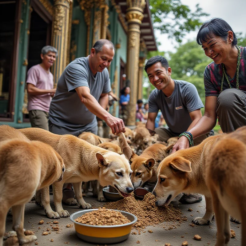 Group of volunteers feeding stray dogs in a Thai temple