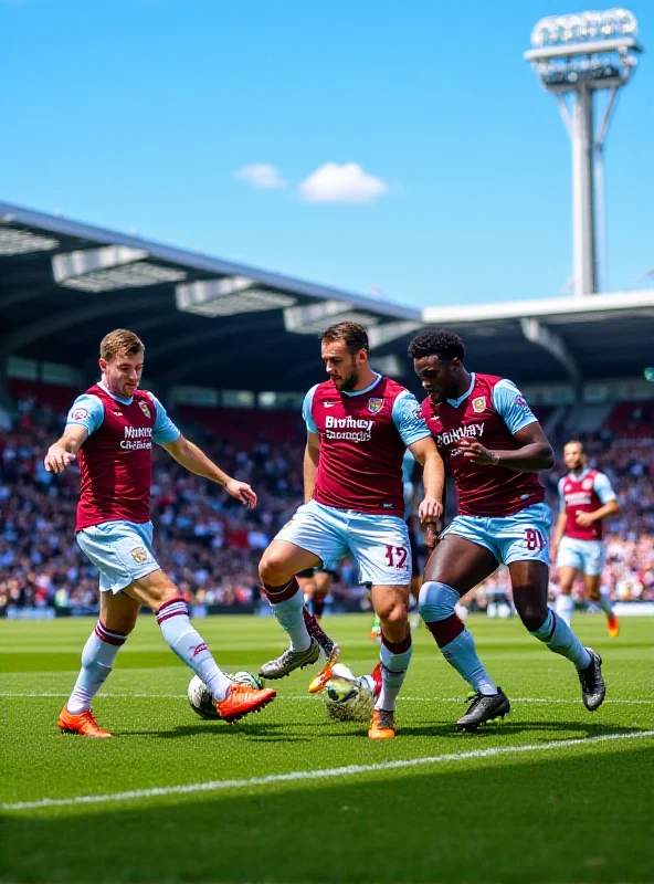 A football match scene with Burnley players in defensive positions, highlighting their teamwork and defensive strength.