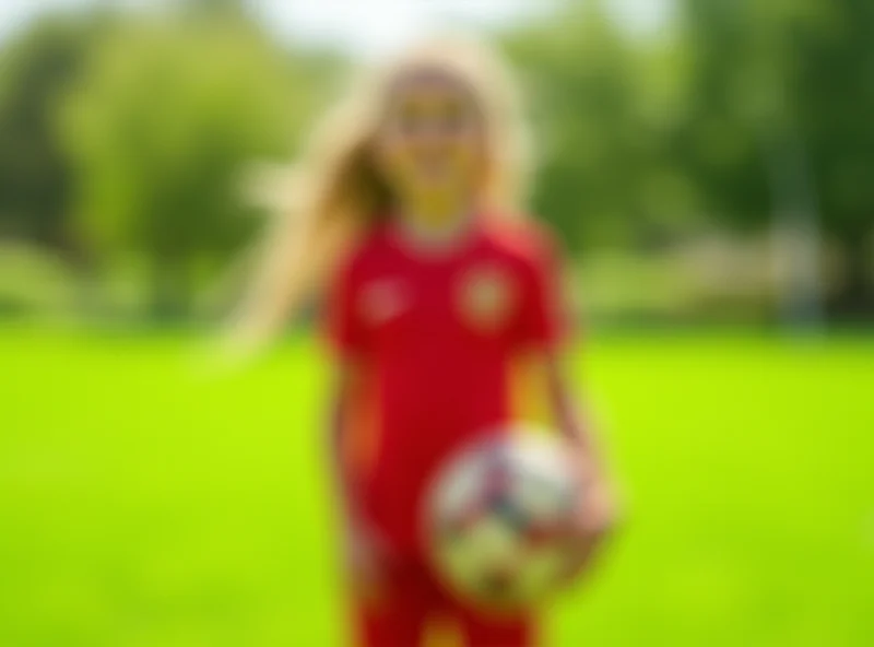 A young girl in a Manchester United jersey, holding a football and smiling brightly.
