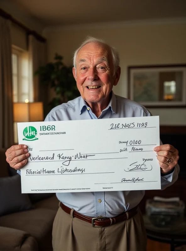 An elderly man smiling and holding a large check made out for a portion of a lottery prize.