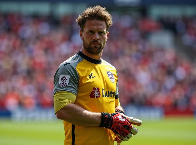 Alex Remiro, the goalkeeper for Real Sociedad, in his full kit on the field, looking focused and determined.