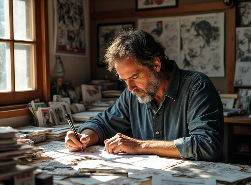 Juan Albarrán working at his desk, drawing manga pages. The setting is a typical Japanese workspace, filled with manga references and tools.