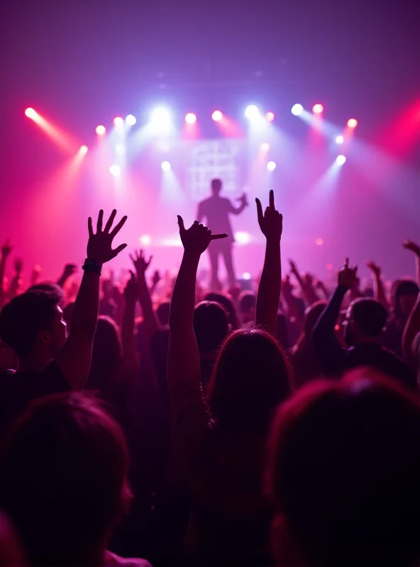 A crowded K-pop fan event, with fans holding up banners and light sticks. The atmosphere is energetic and vibrant, showcasing the intense devotion of K-pop fans.