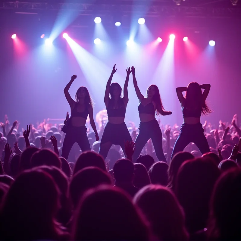 Blackpink performing on stage at a concert. The stage is brightly lit, and the members are performing a synchronized dance routine. The audience is visible in the background, cheering and holding up light sticks.