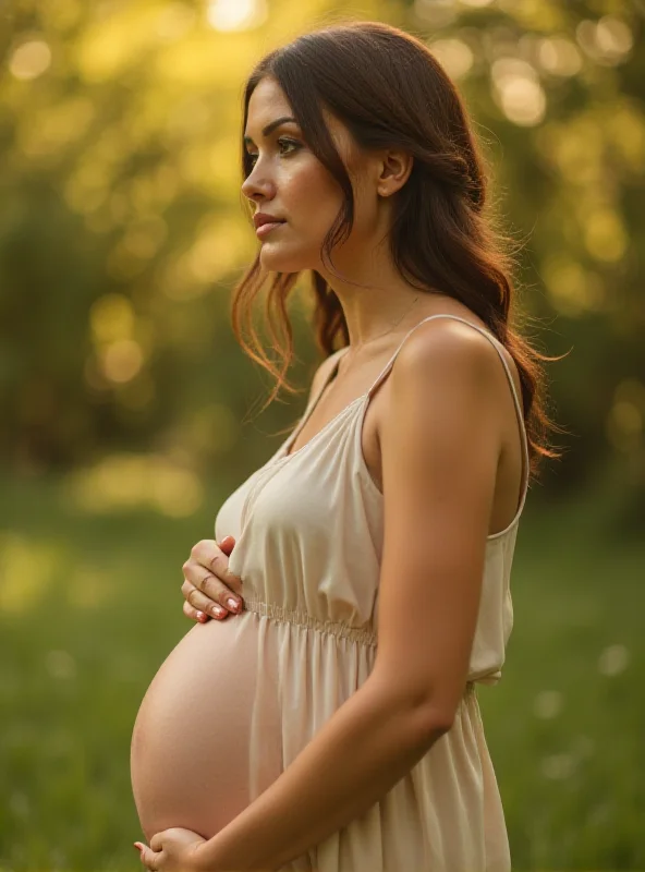A pregnant woman looking contemplative, representing the pregnancy theme in 'Mania de Você'.