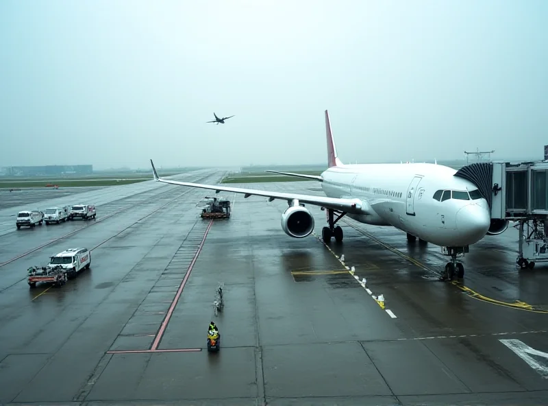 An aerial view of a busy airport with planes taking off and landing. The sky is overcast and there are ground crew vehicles visible on the tarmac.