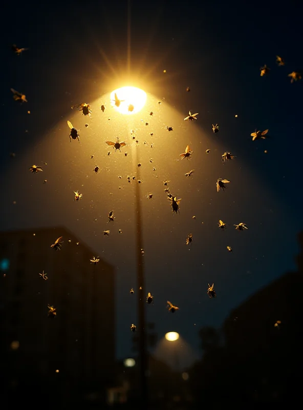 Close-up photo of various insects swarming around a bright street lamp at night.