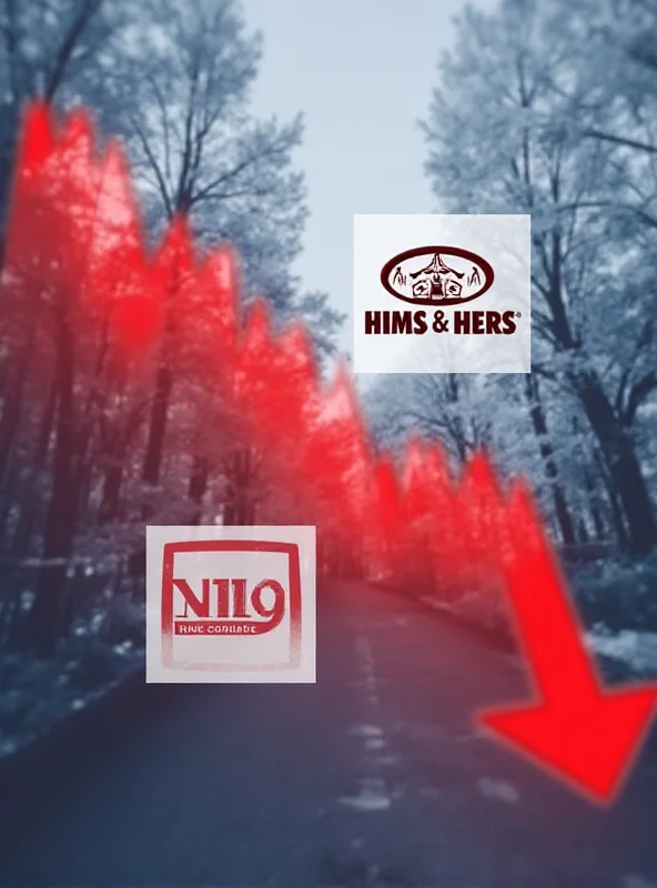 Image of a downward trending stock chart, overlaid with the logos of Hims & Hers, Eli Lilly, and Novo Nordisk.