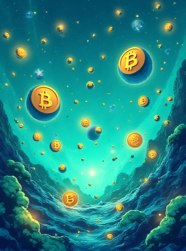 A digital illustration of various cryptocurrency symbols floating in a dynamic and futuristic environment.