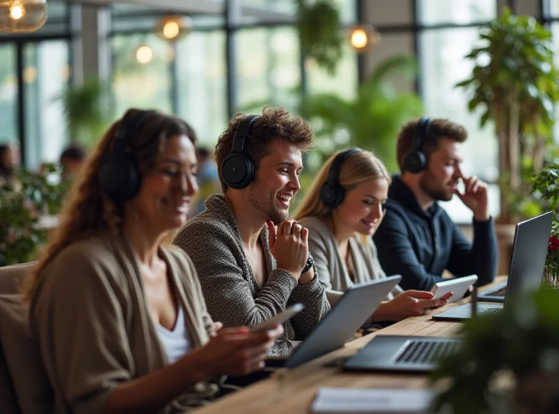 A group of diverse people listening to a podcast on their devices - laptops, tablets, and smartphones.