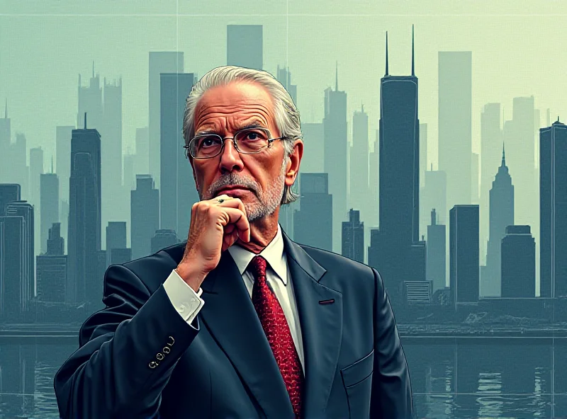 A stylized depiction of Bill Ackman looking thoughtfully at a cityscape representing Howard Hughes holdings, with financial charts overlaid subtly in the background.