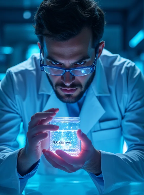 A futuristic image of a scientist in a lab coat examining a glowing vial labeled 'Foralumab', with complex molecular structures visible in the background.