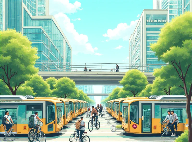 A vibrant illustration depicting various modes of sustainable transportation (electric buses, bicycles, trains) seamlessly integrated within a modern city landscape, highlighting the concept of multimodal transport.