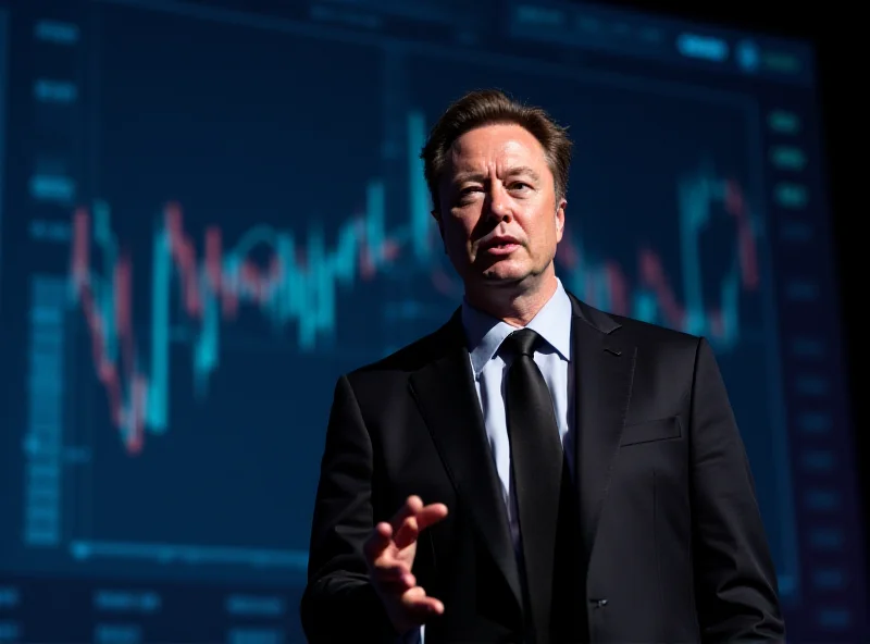 Elon Musk speaking at a conference, looking concerned, with stock market charts in the background.