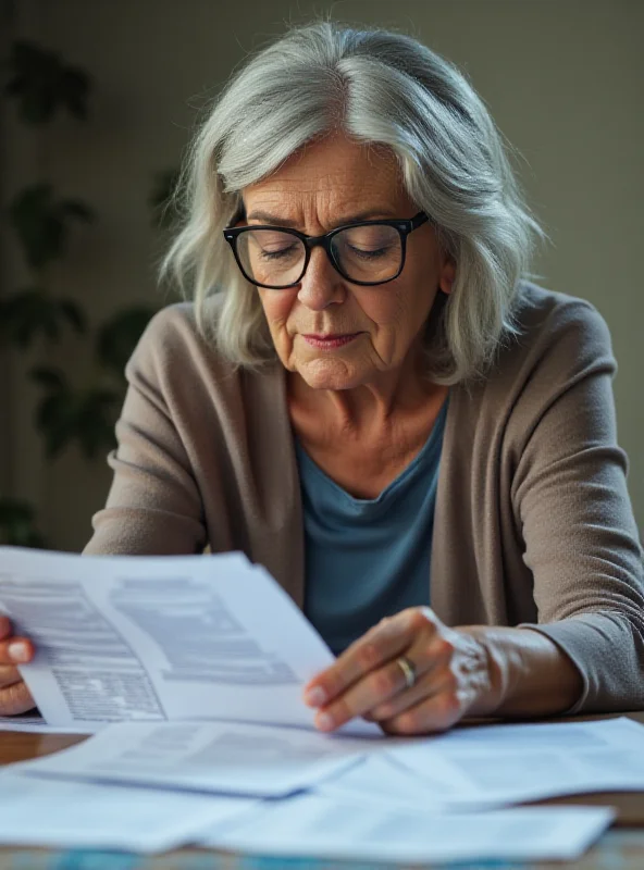Senior woman looking concerned while reviewing financial documents