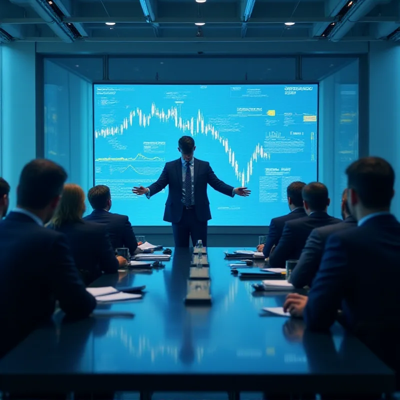 Professional setting, conference room with executives presenting financial data on a screen