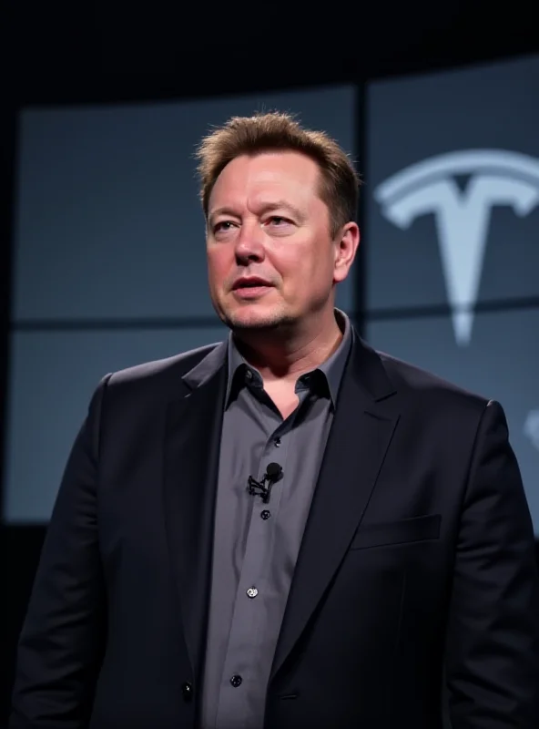 Close-up shot of Elon Musk speaking at a conference, with the Tesla logo subtly visible in the background.