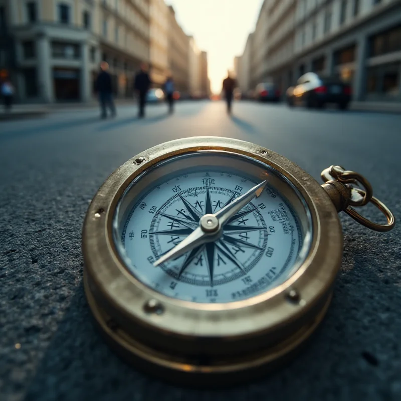 A stylized compass pointing towards the word 'Growth', with a blurred background of a bustling city.