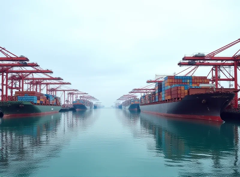 Image of a bustling port with cargo ships and cranes.