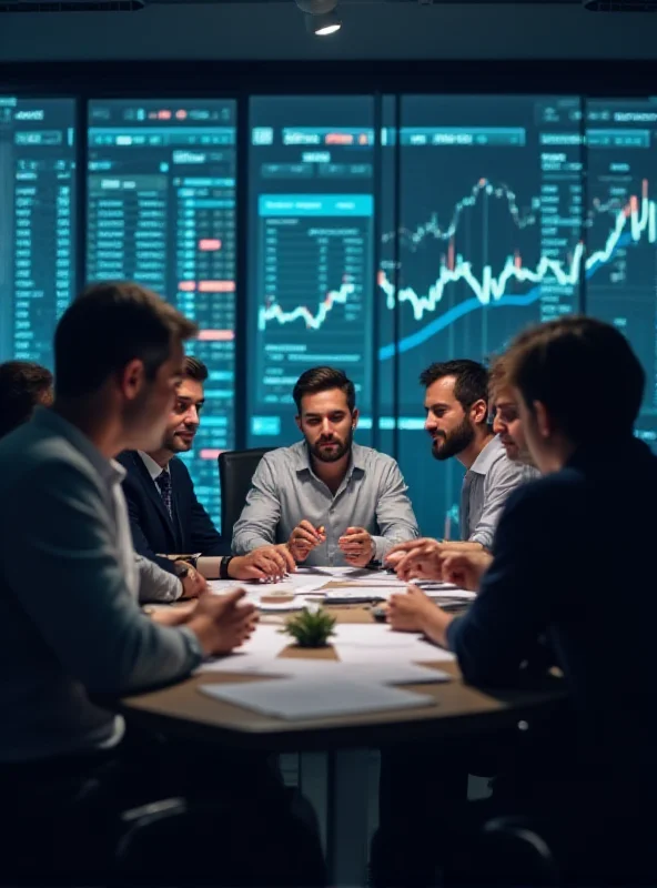 A group of financial analysts discussing market trends around a table in a modern office, with charts and graphs displayed on a screen in the background.