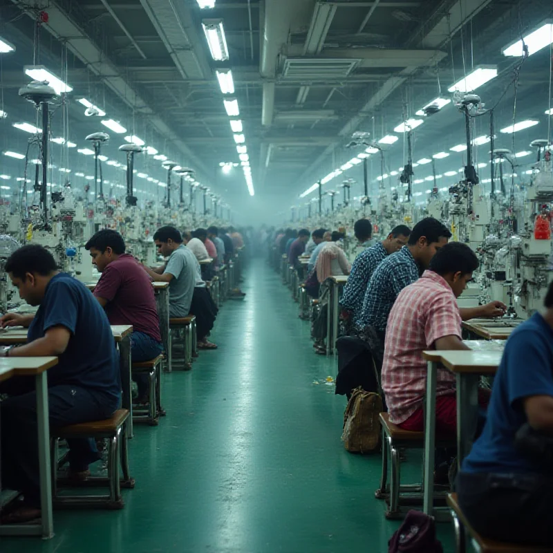 A bustling garment factory in Bangladesh, with sewing machines and workers, combined with a subtle overlay of surveillance camera footage.