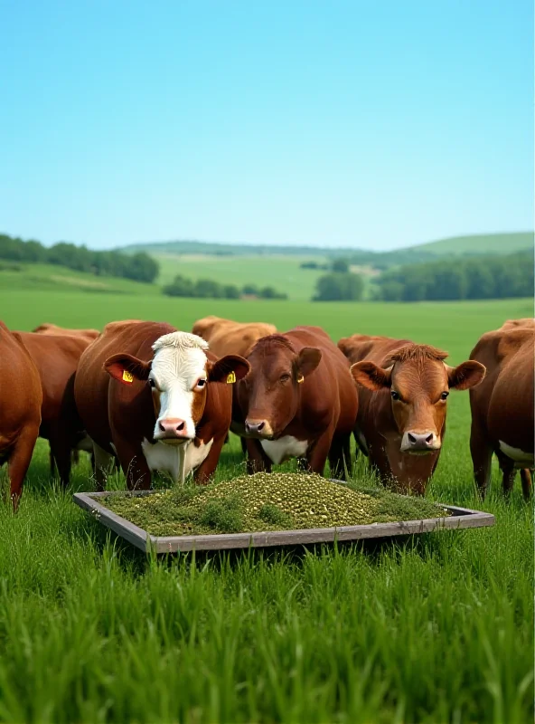 Herd of cows in a field, some eating from a trough