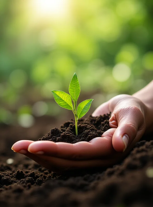 A hand gently holding a seedling, representing environmental investment.