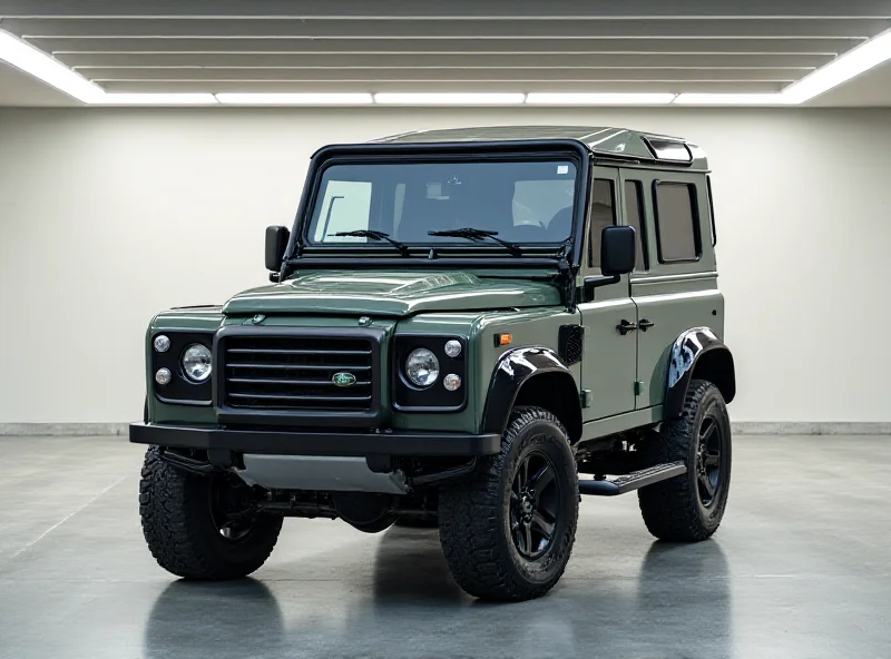 A brand new Land Rover Defender parked in a modern garage, showcasing its classic design and pristine condition.