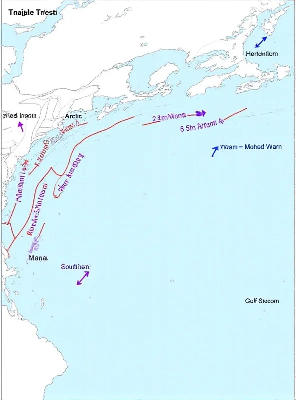 Diagram of the Atlantic Meridional Overturning Circulation (AMOC) with arrows showing the flow of warm and cold water.