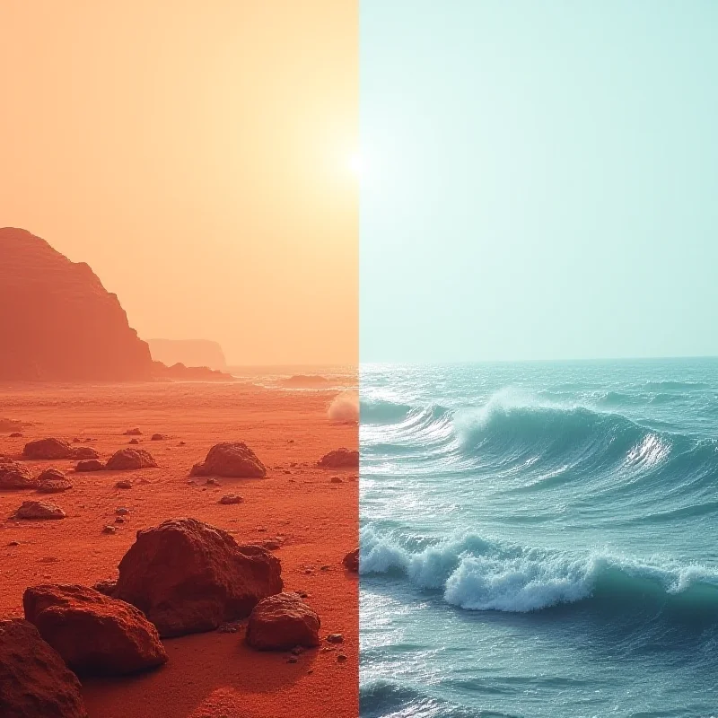 A split image showing a Martian landscape on one side and a turbulent ocean on the other, representing the two topics discussed in the article.