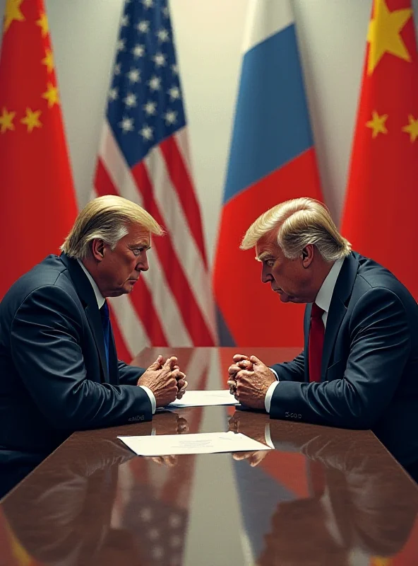 A tense meeting between world leaders, representing the US and Russia, with a backdrop of symbolic flags.