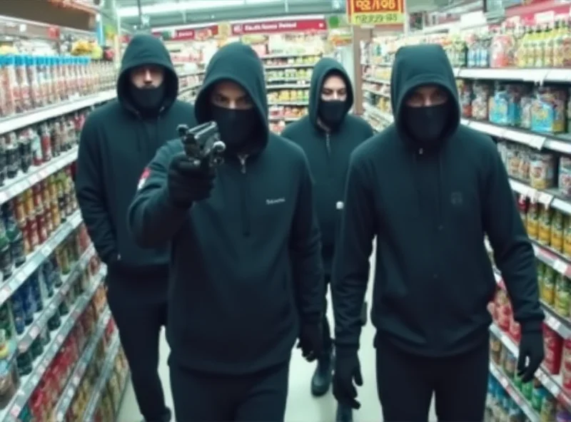 Surveillance footage of masked robbers in a supermarket.