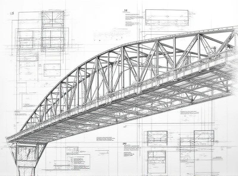 Detailed engineering schematics of a bridge support structure, showing complex calculations and measurements.