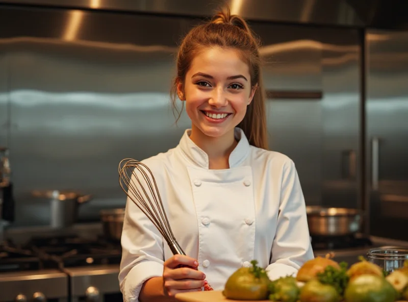 A teenage girl with a bright smile, wearing a chef's coat, standing in a professional kitchen.