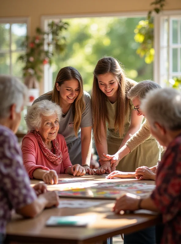A group of teenagers volunteering at a senior center, interacting with elderly residents and assisting them with various tasks.