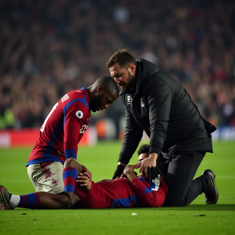 A concerned Crystal Palace player kneeling beside Jean-Philippe Mateta after the foul.