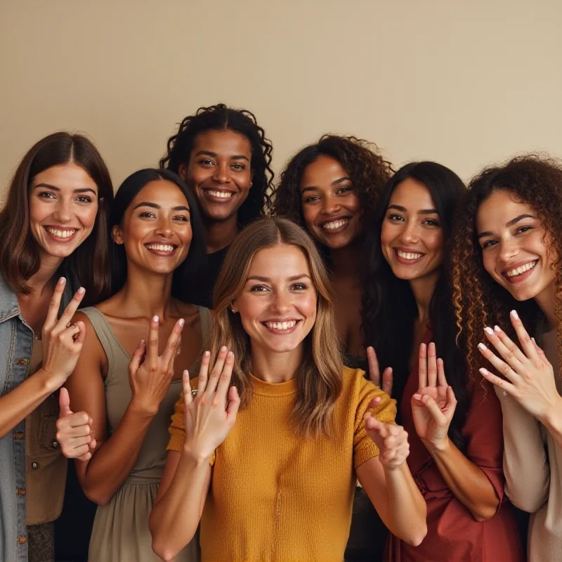 A group of diverse friends, including celebrities, offering supportive gestures and smiles to Millie Bobby Brown.