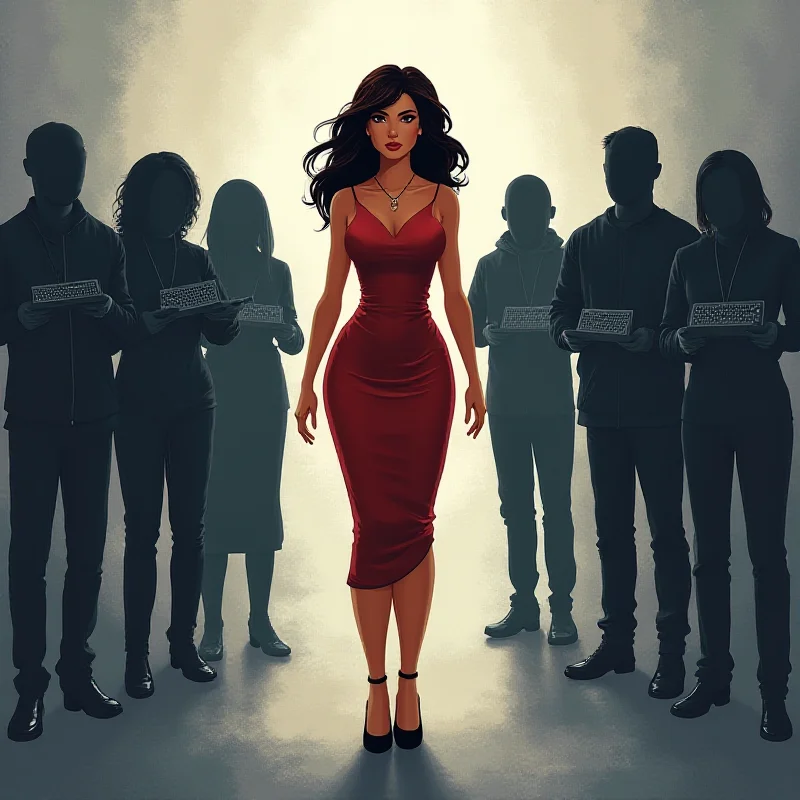 Digital illustration of a woman standing up to a group of faceless figures with keyboards
