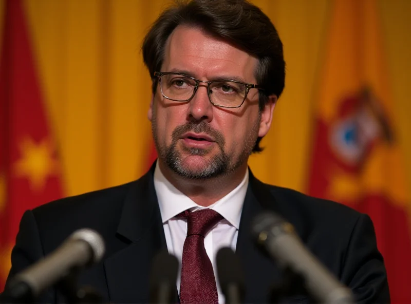 Carlos Mazon addressing the press, looking serious and determined, with microphones in front of him.