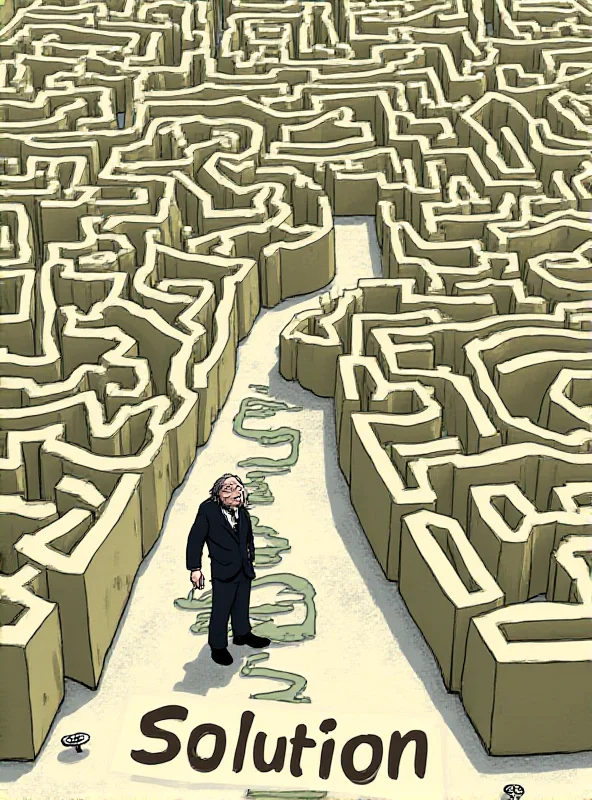 A political cartoon depicting a maze with the word 'Solution' as the exit and a figure representing Mazon looking confused and unable to find the exit.