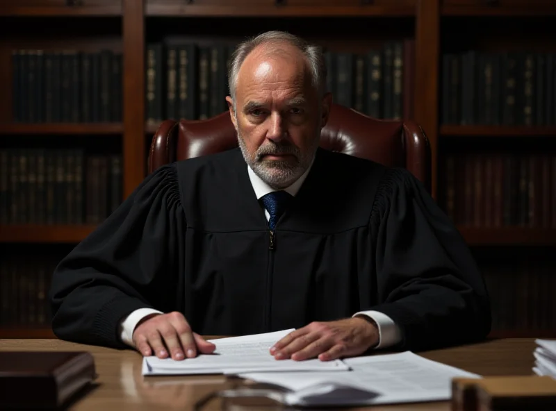 A serious-looking judge sitting at a desk in a courtroom, reviewing documents related to an investigation.