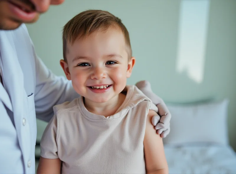 A close-up image of a child receiving a measles vaccine from a doctor.