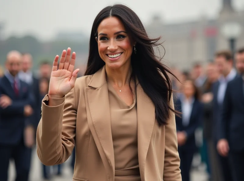 Meghan Markle smiling and waving at a crowd, wearing an elegant outfit.