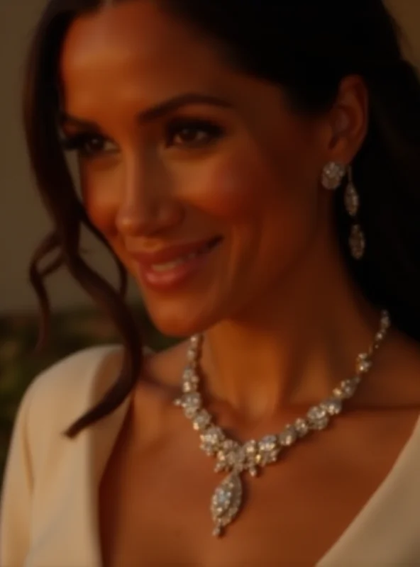 Close-up shot of Meghan Markle's jewelry, highlighting a diamond necklace and elegant earrings.