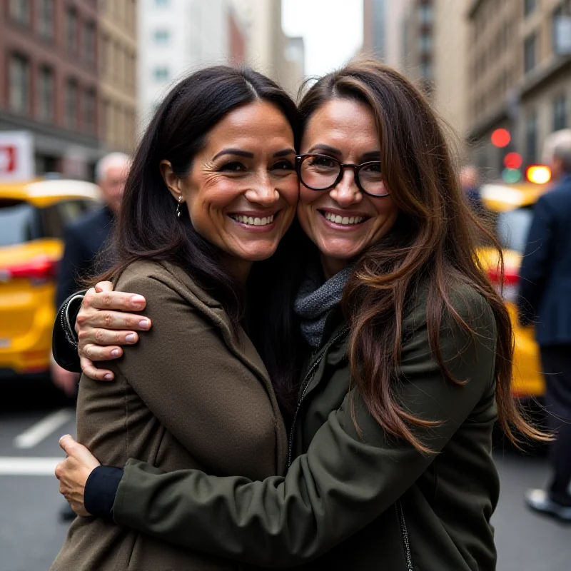 Meghan Markle hugging Gloria Steinem on a street in New York City, both smiling.